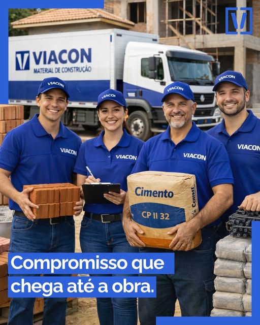 Equipe Viacon uniformizada com cimento e tijolos em frente ao caminhão de entrega
